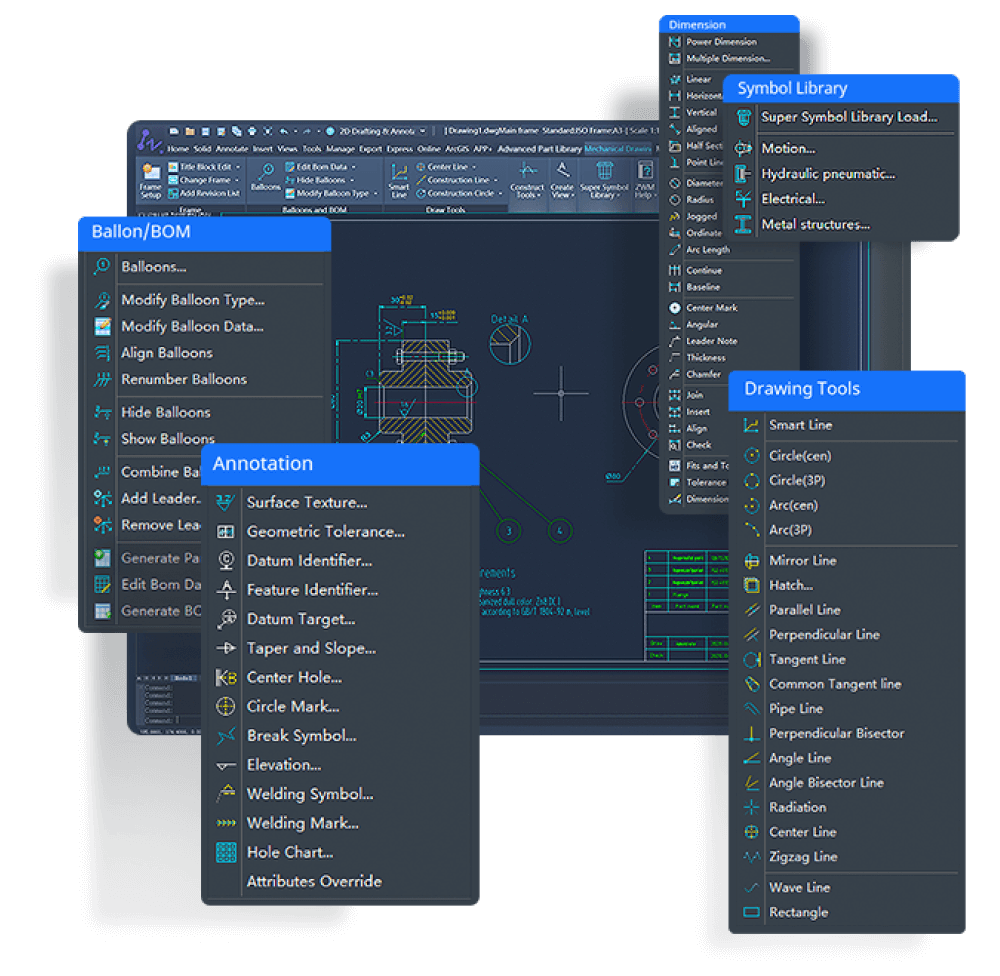 ZWCAD MFG intelligent drawing tools, annotation, symbol library, balloons and BOM features