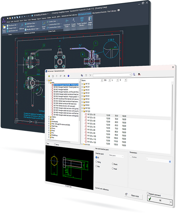 ZWCAD MFG standard parts library supporting ISO, EN, DIN, ANSI and JIS mechanical drawing standards